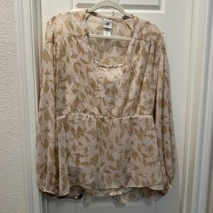 CAbi Neutrals Leaf Print Blouse - Cream and Tan